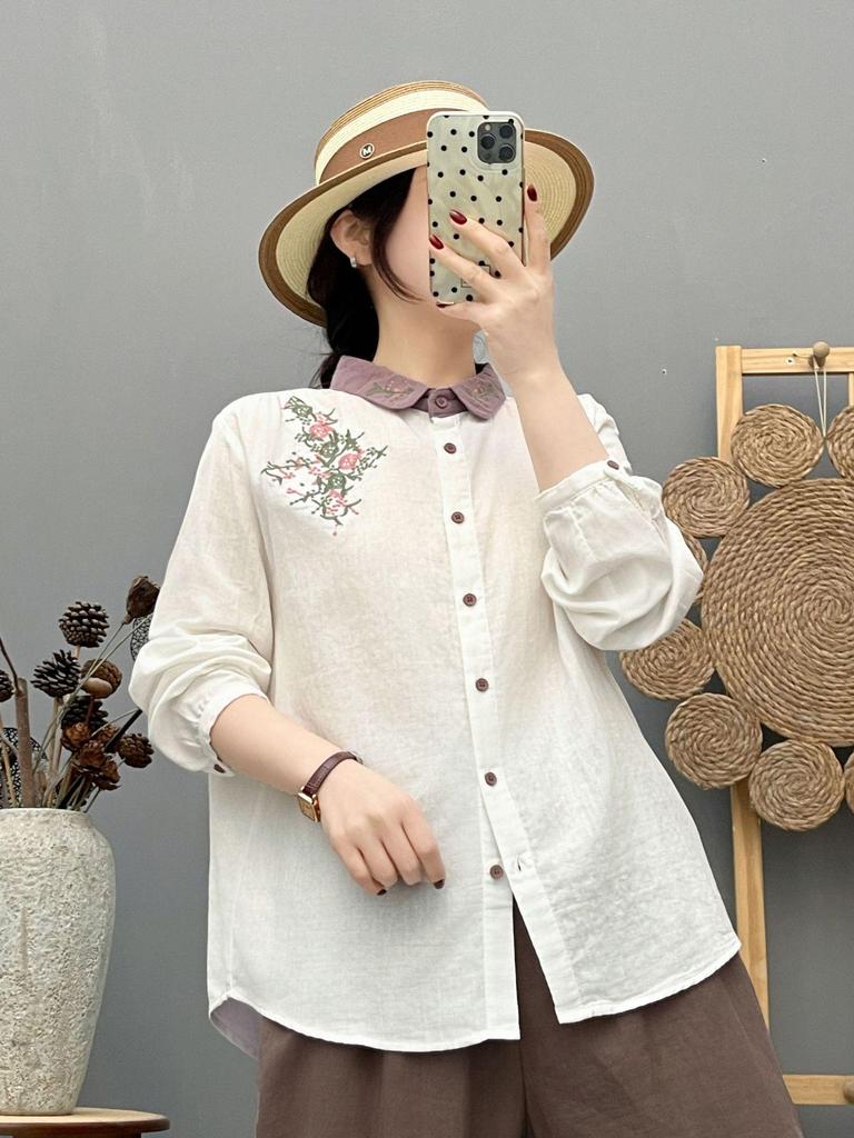 Women's Retro Embroidered Collar Double-Layer Cotton Long-Sleeve Shirt, Spring 2026 Collection - Soft, Skin-Friendly, and Breathable