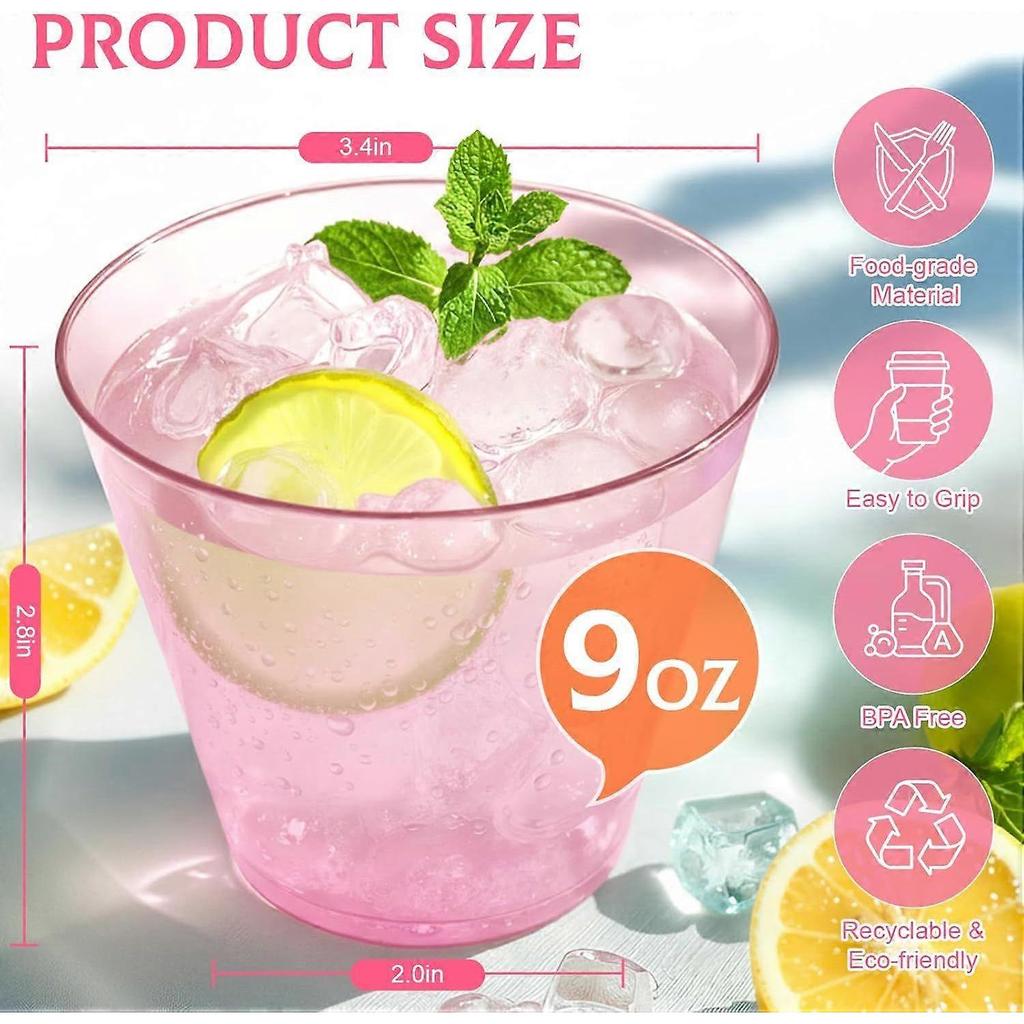 50 Pack Plastic Cups 9 Oz Pink Clear Plastic Cups for Cocktail Fancy Disposable Cup for Party Stemless Wine Glasses for Wedding Thanksgiving Christmas