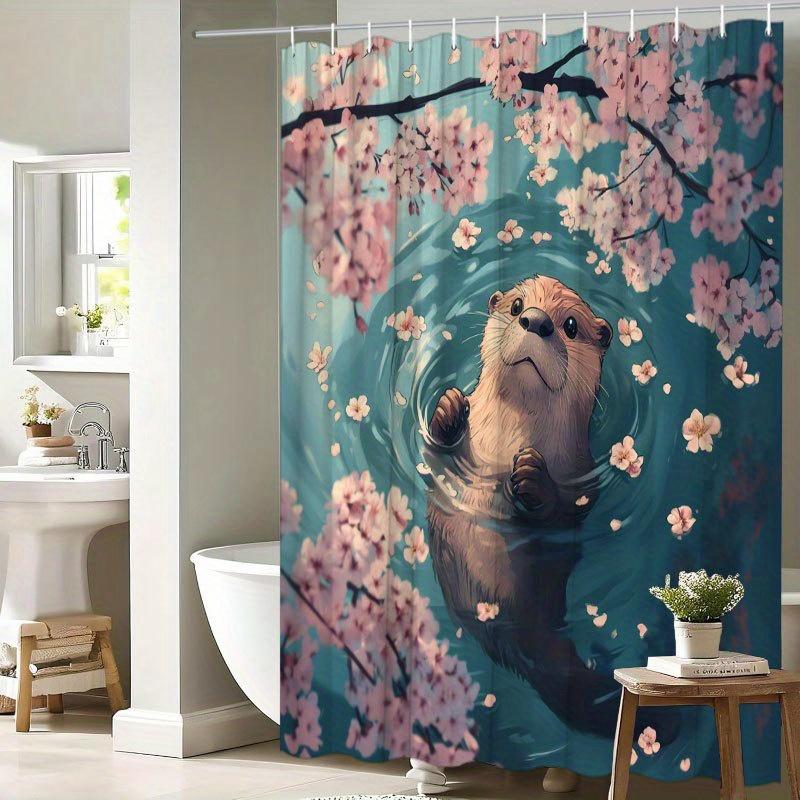1pc Otter & Cherry Blossoms Shower Curtain - Turquoise Pond, Floating Petals, Cute Otter, Pastel Colors,Washable Polyester