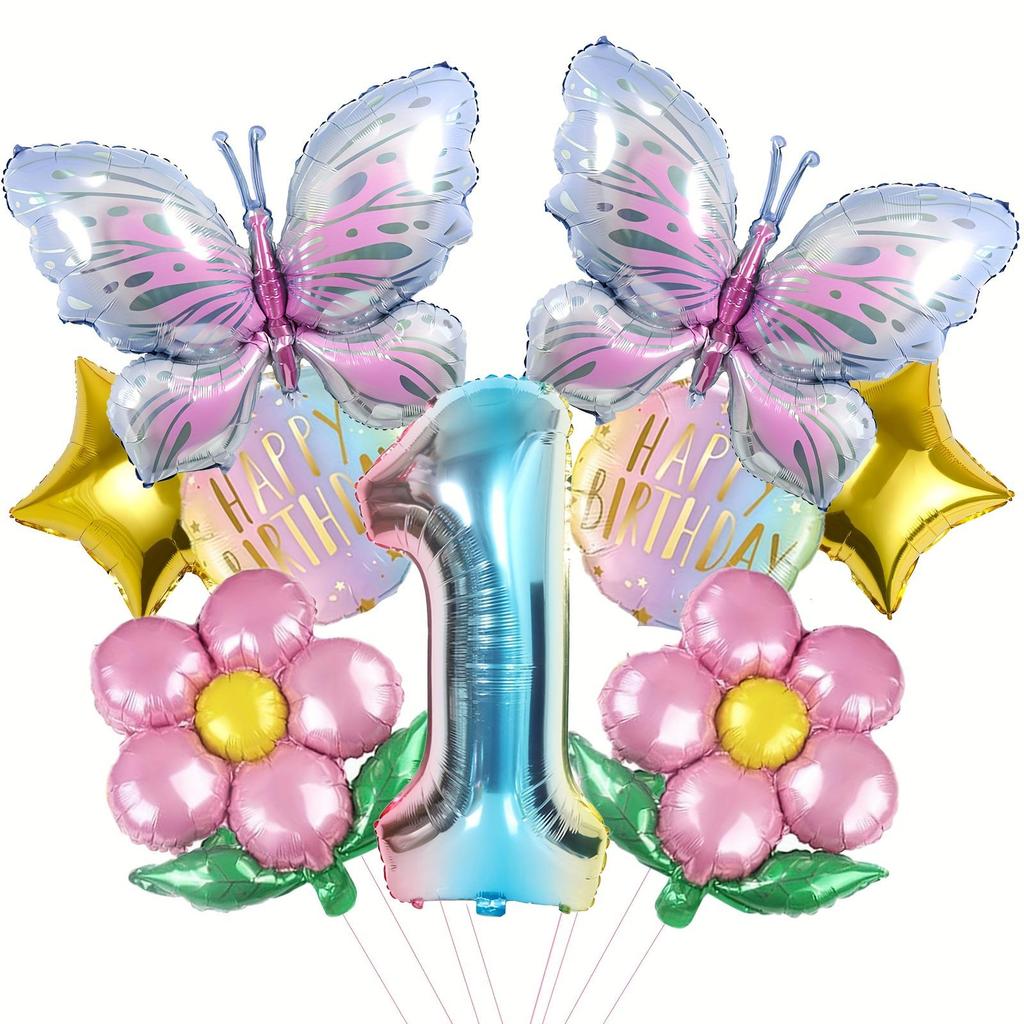 Butterfly & Daisy Star Gradient Foil Balloon Set for Birthday Party Decoration.