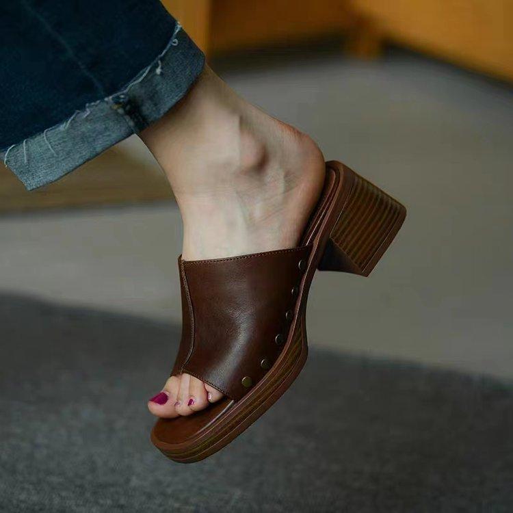 versatile one-piece women s summer  retro high-heeled square heel women s shoes casual wear women s square head shoes 34
