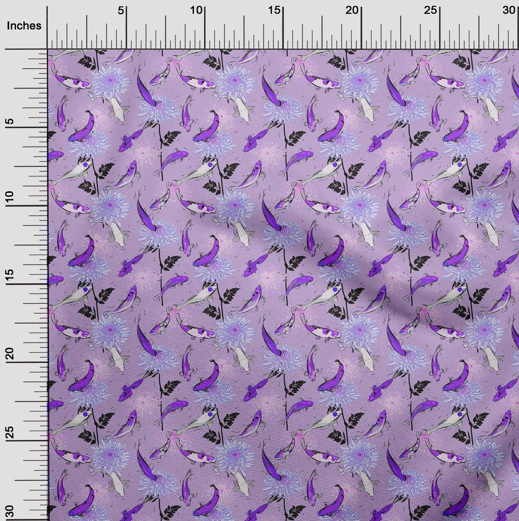 oneOone Cotton Flex Dusty Purple Fabric Asian Japanese Koi Fish with Floral Sewing Fabric by The Yard Printed DIY Clothing Sewing Supplies 40 Inch