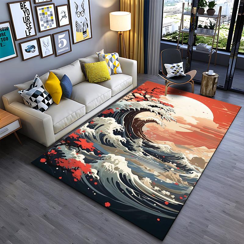 Red Sunset, Ocean Waves, and Tree Art Rug Non-slip Rug Suitable for Living Room and Bedroom Sofas