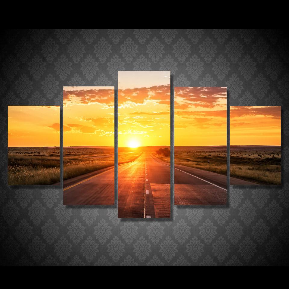 

Настенное искусство, 5 шт., пейзажные фотографии с восходом солнца, плакаты с закатом и шоссе, холст, картины для гостиной, домашний декор, HD принты, без рамки 20x35cm*2 20x45cm*2 20x55cm*1