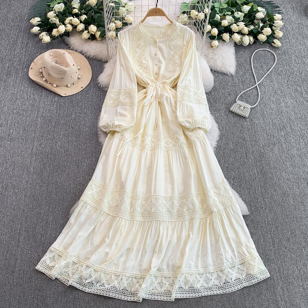 Lace Patchwork Round Neck Long Sleeved Dress for Women In Spring  Autumn Buttoned Drawstring Waist Cinching Slimming Cake Women Dress