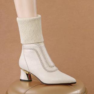 New winter wool middle boots thick heel pointed women's fashion high-end socks boots short boots women's middle heel