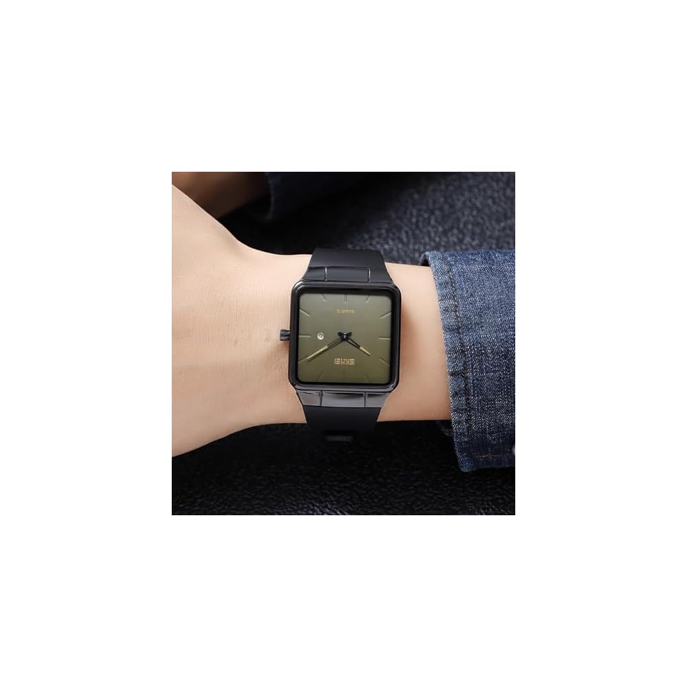 Square Men's Watch Leather Strap Black Simple Slim Stylish Waterproof Casual Business Gift Black Green