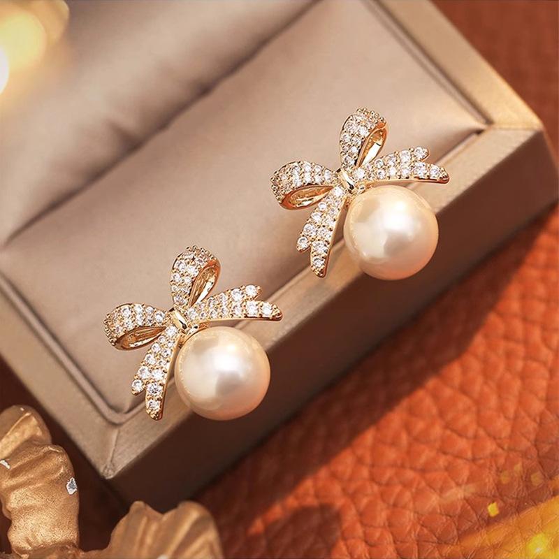 

Exquisite Retro Full Zircon Bowknot Pearl Stud Earrings for Women Temperament Fashion Korea Earring Bride Jewelry Accessories розового золота