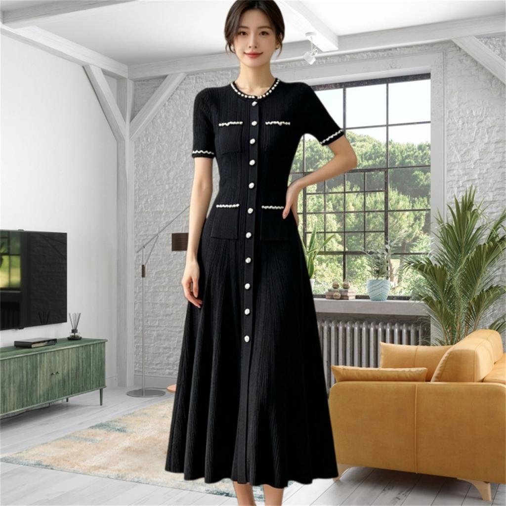 Elegant Lady Beaded Knitted Long Dress Women's Solid Short Sleeve O-Neck Single-breasted Bodycon Party Dress Female