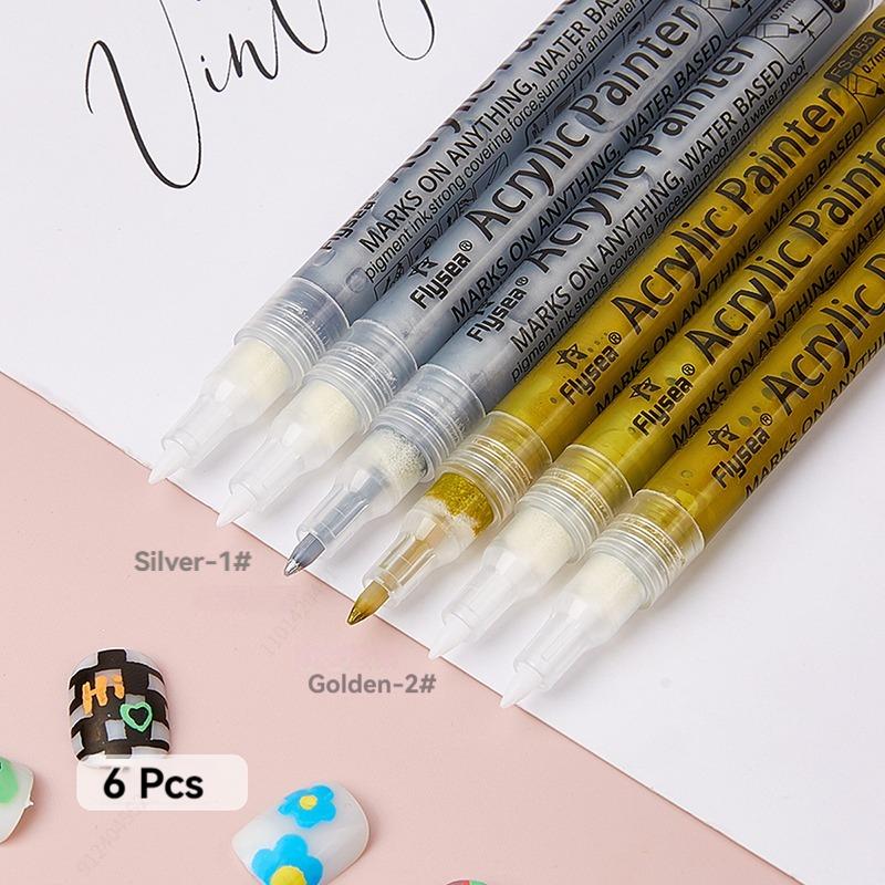 6Pcs/set 4 Colors (Black/White/Gold/Silver) Acrylic Paint Markers pen,0.7mm Extra Fine for Ceramic, Metal, Paper, Drawing, DIY