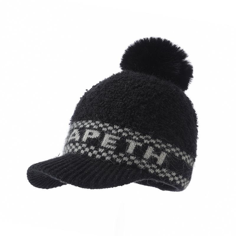 Korean Version of Autumn and Winter Hat for Women's Knitted Hat Cute Versatile Wool Ball Cap Thickened Cold Proof and Warm Duck Tongue Wool Cap
