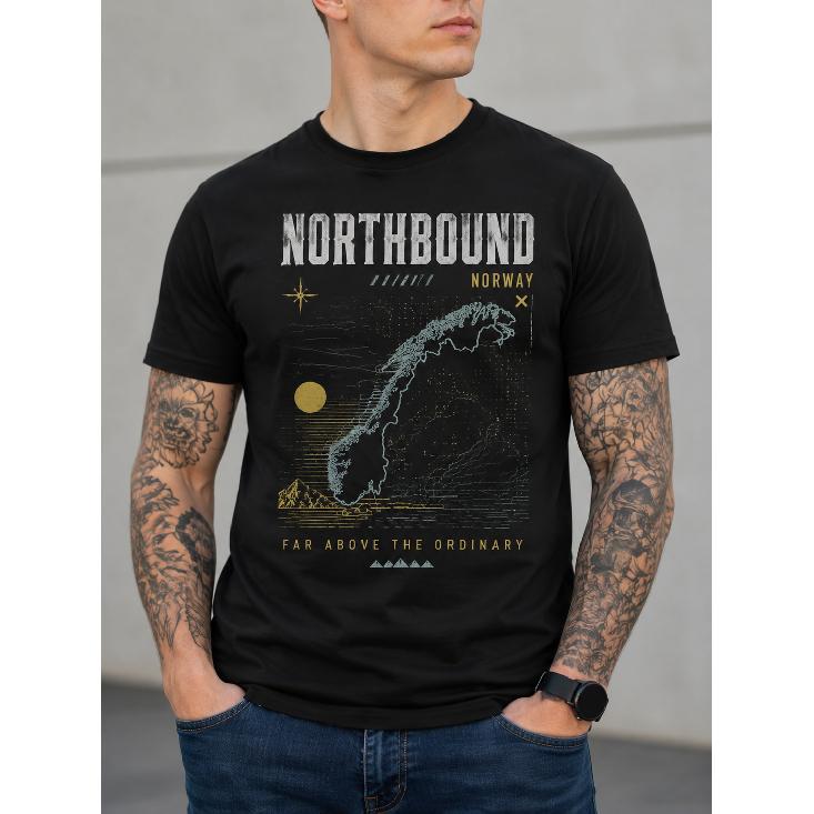 Men's Northbound Norway Graphic Tee, Short Sleeve Crew Neck T-Shirt with Vintage Map Print, Soft Cotton Casual Fit for Travel & Everyday Wear