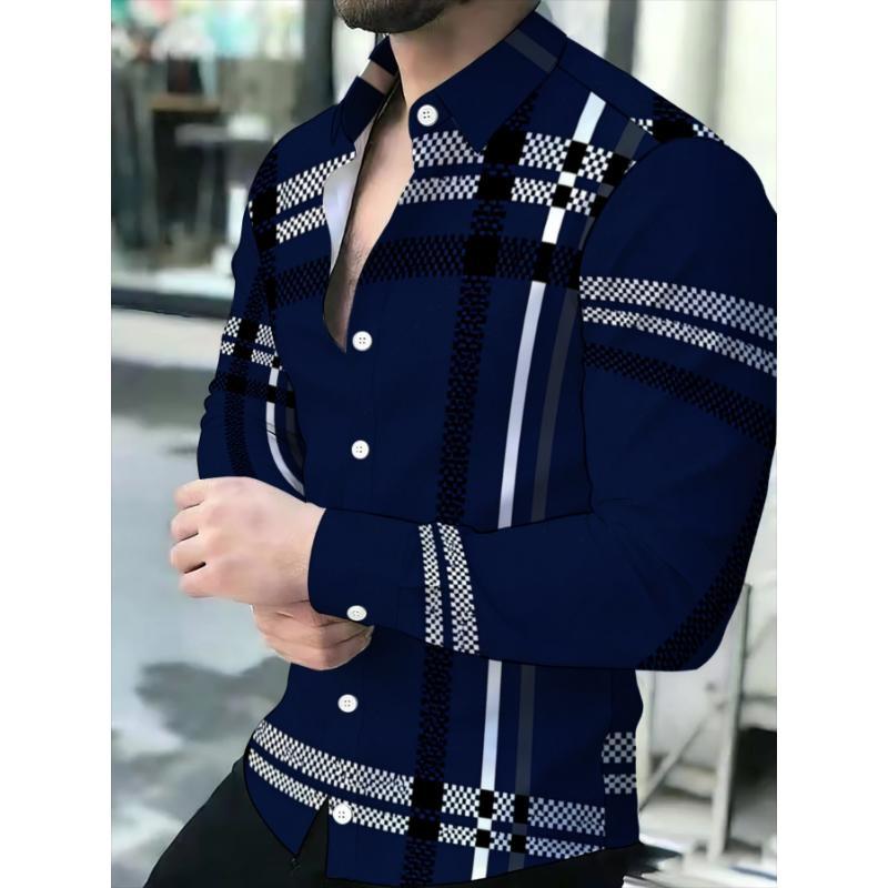 Men's Printed Long Sleeve Button Down Shirts Turn Collar Nightclub Casual Camisas Hombre Plus Size Streetwear Fashion Top