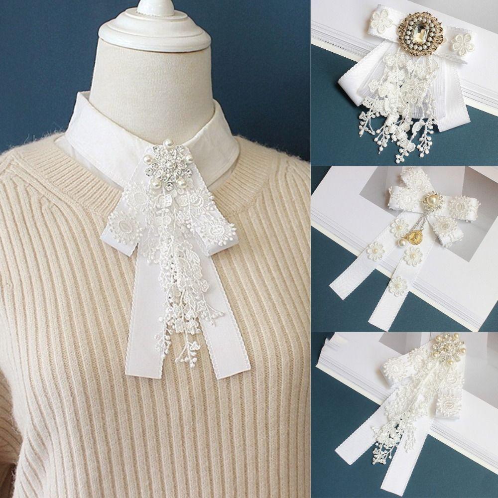 Fashion White Lace Ribbon Bow Ties Women's College Style Shirt Accessories Jewelry Gifts Rhinestone Pearls Collar Flower