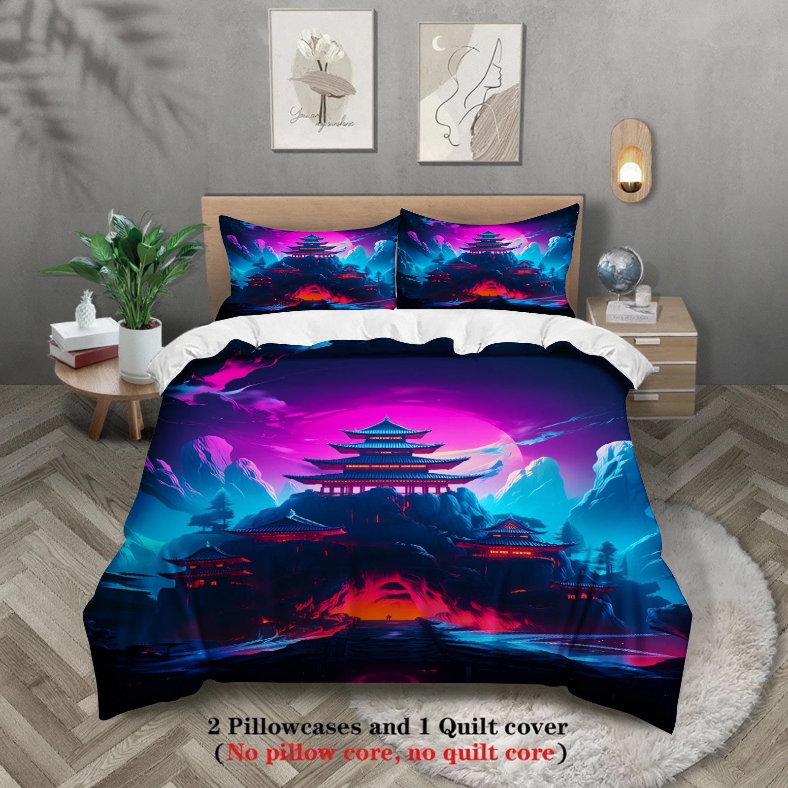 

Vibrant Dreamy Mountain Printed Bedding Set Full Queen Size Purple Cherry Blossoms Comforter Cover Waterfall Moon Duvet Cover US King(264x229cm)