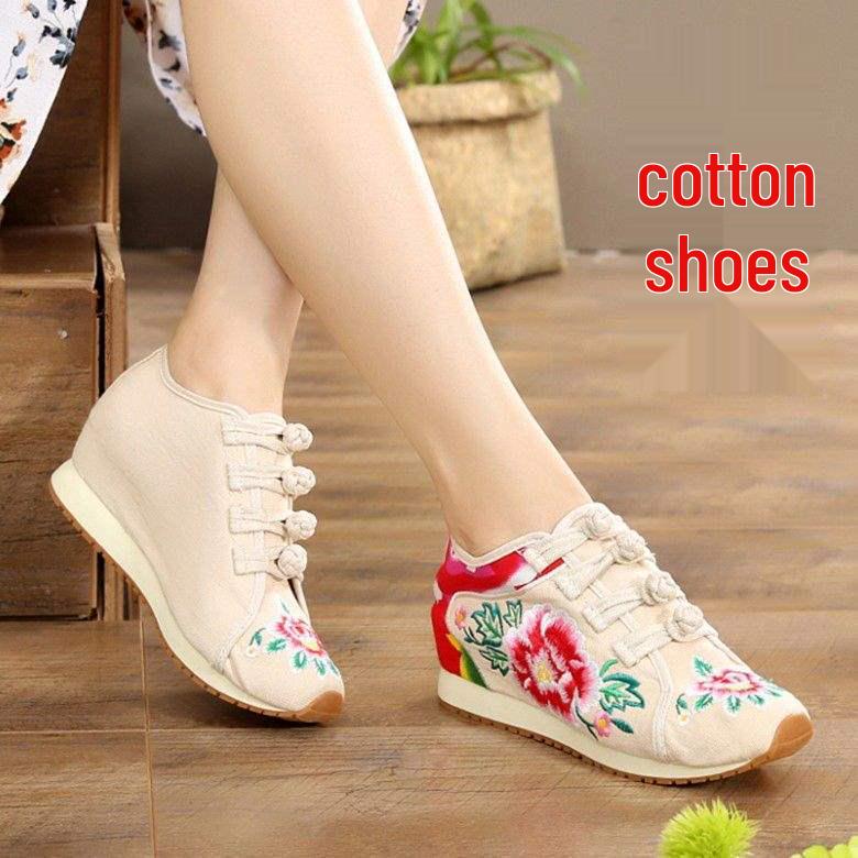 

Женские туфли в этническом стиле на танкетке с вышивкой - Повседневные туфли для танцев, увеличивающие рост, с подошвой из говяжьей жилы Size 39