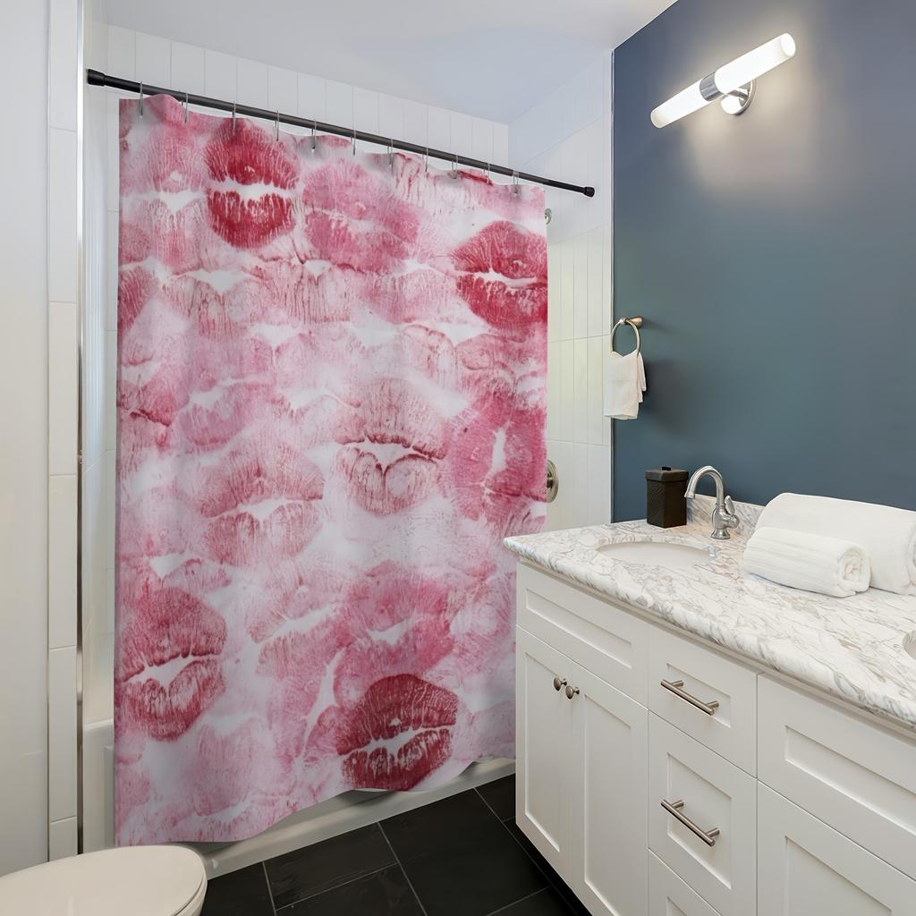 Romantic Lip Print Digital Shower Curtain, Free Hook Included, Machine Washable, Reversible All-Season Polyester Bathroom Decor