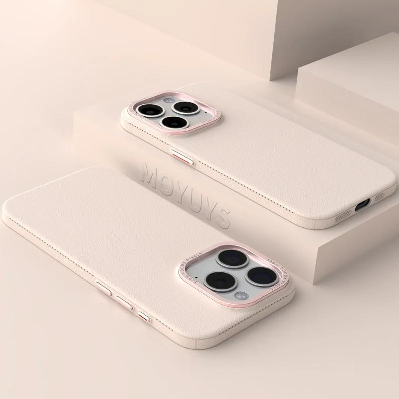 Luxury Metal Camera Protection Leather Texture Case for iPhone 15 14 Plus 13 12 16 Pro Max Soft Silicone Matte Shockproof Cover