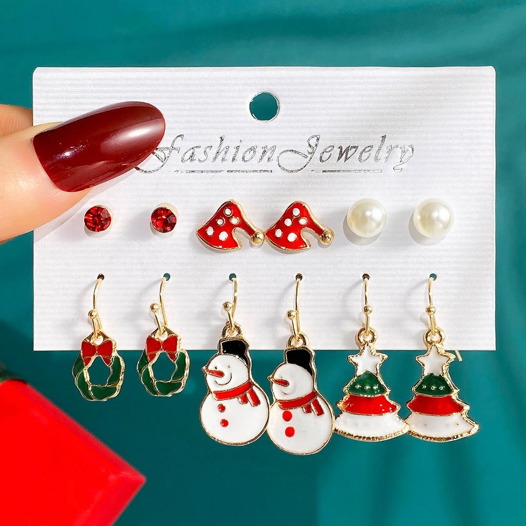 6 Pairs Christmas Set  Cartoon Dripping Oil Elk Santa Claus Christmas Tree Earrings for Women