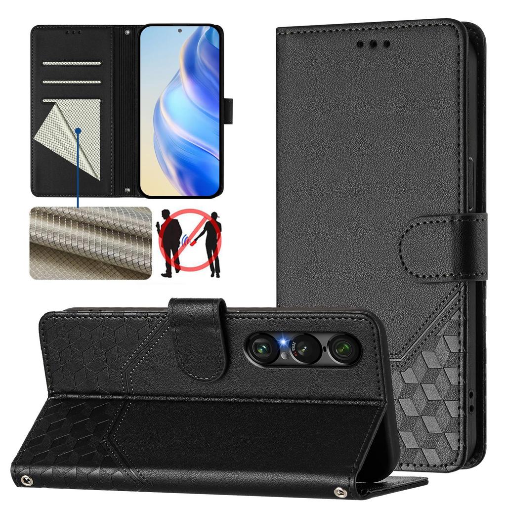 Custodia per Sony Xperia 1 VII con Impronta a Nido d'Ape, Blocco RFID, Copertura in Pelle per Telefono con Cinturino