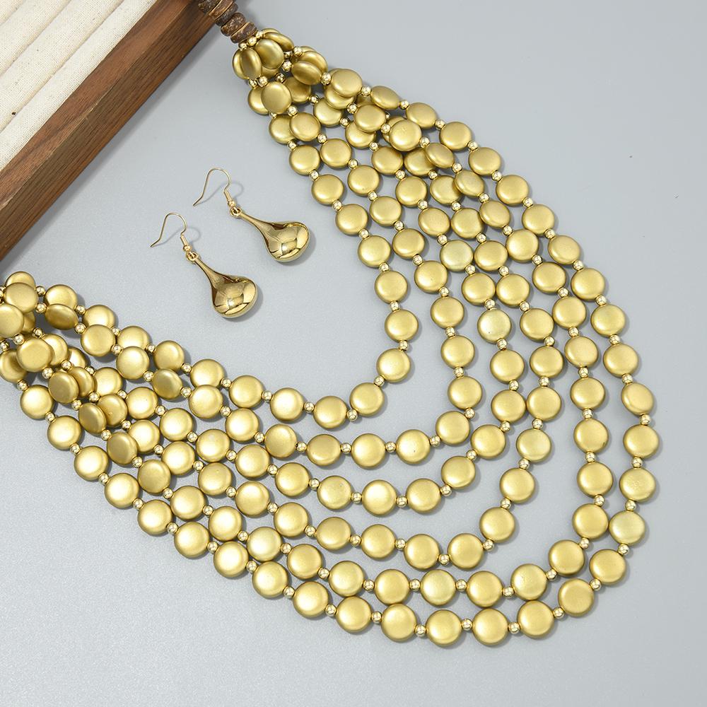 2026 Trend Multi Layer Round Wood Disc Handmade Beaded Statement Necklace Earrings Set For Women Party Jewelry Accessories