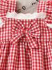Summer Baby Girl Checkered Lace Trimmed Short Sleeve Two Piece Set with Bow and Mushroom Embroidery