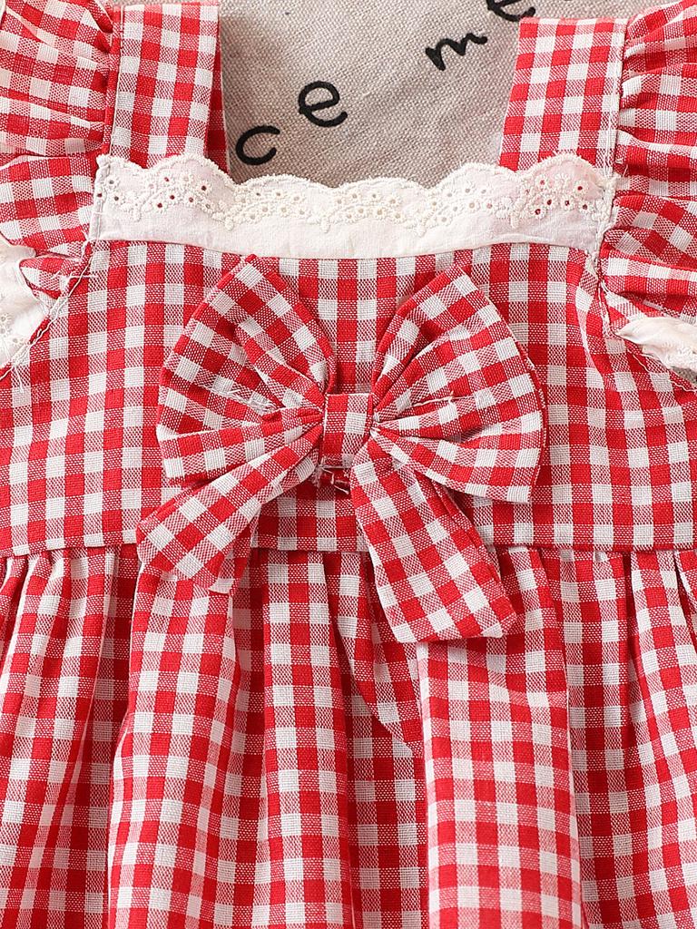 Summer Baby Girl Checkered Lace Trimmed Short Sleeve Two Piece Set with Bow and Mushroom Embroidery