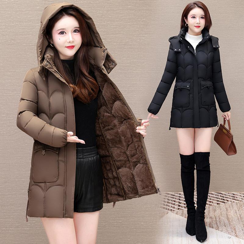 Down cotton-padded jacket Long hooded loose cotton-padded jacket with fleece and thickened cotton-padded jacket