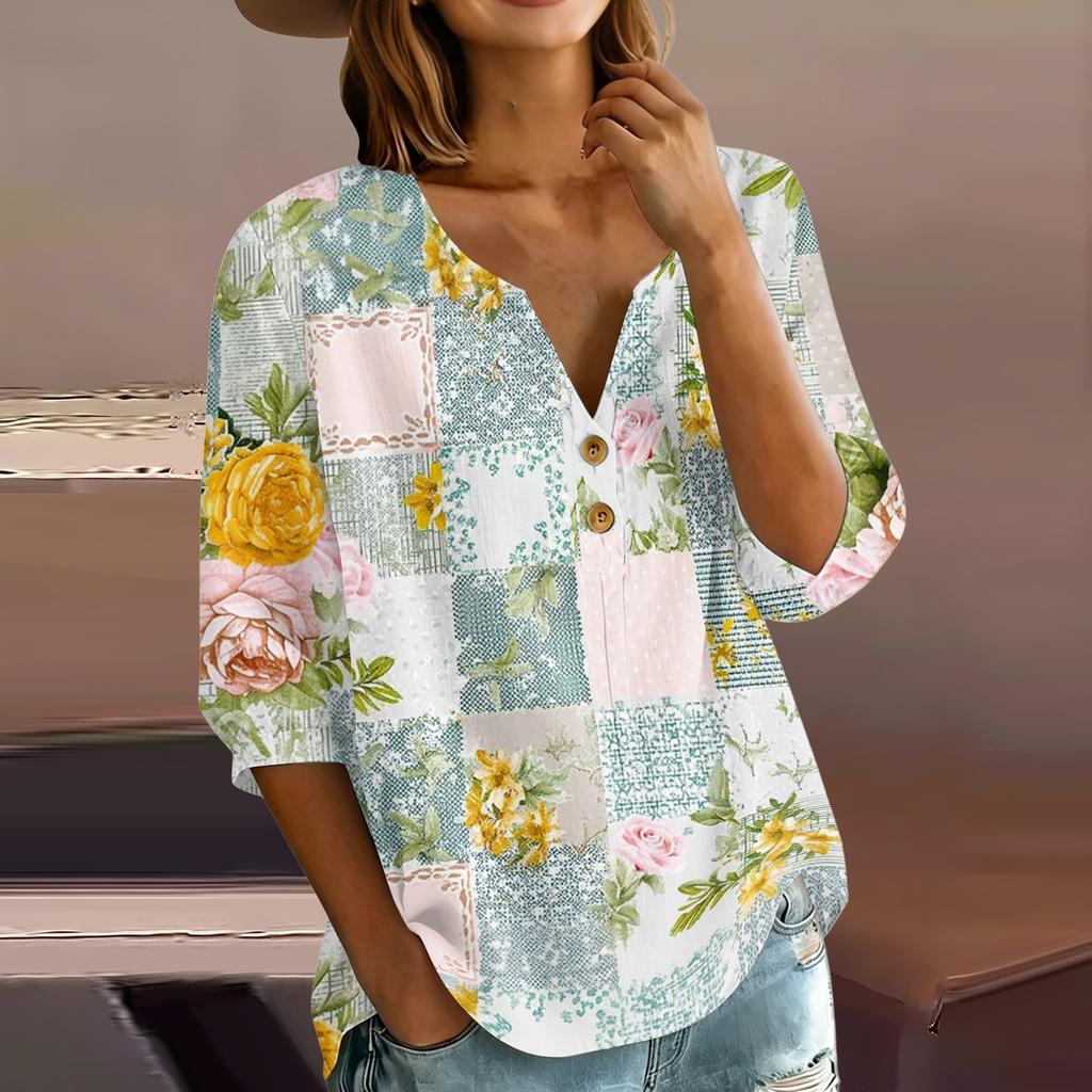 Women’s Casual Floral Print Henley Neck Button Down Cotton Linen Shirt with Three Quarter Sleeves Relaxed Fit Blouse Top