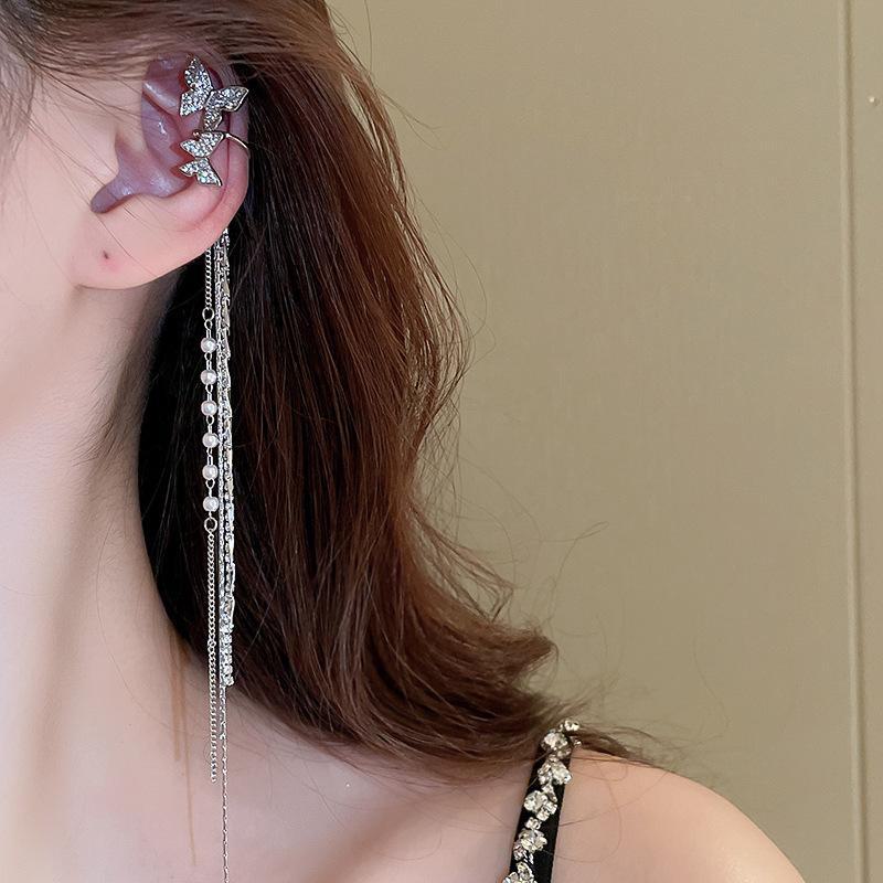 Silver Needle Star & Moon Tassel Ear Clips: Shiny Zircon, Sweet & Cool Style, Non-Pierced