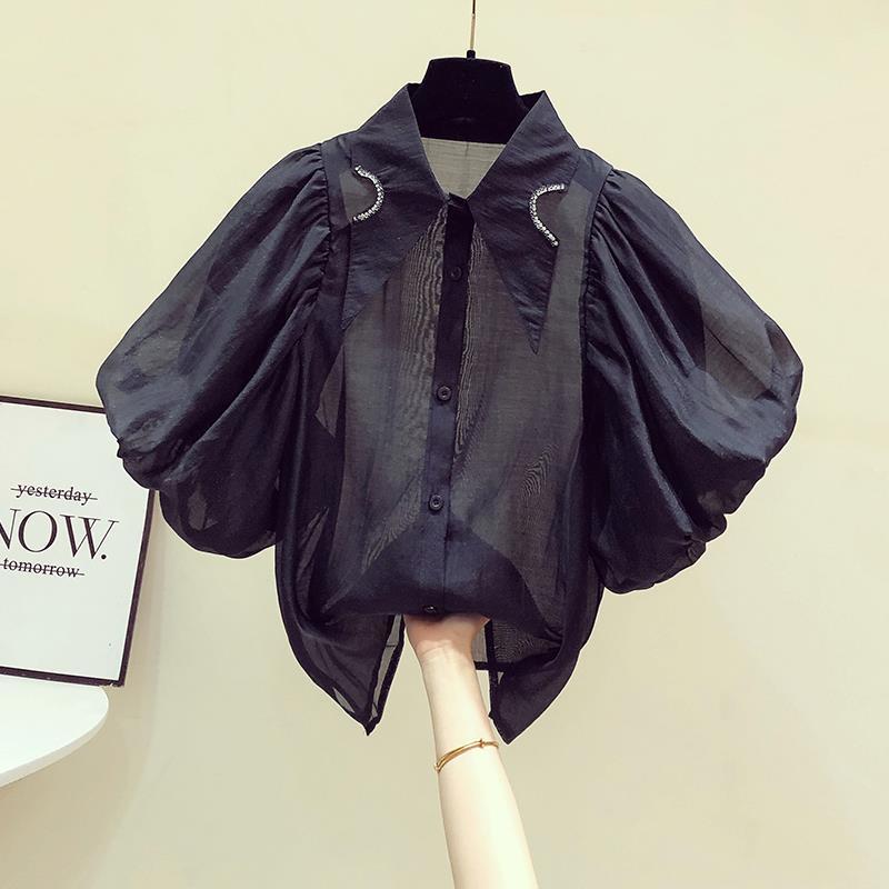 French Style Elegant Puff Sleeve Blouse Fashion Turn-down Collar Chic Diamonds Women's Clothing Summer Single-breasted Shirt New