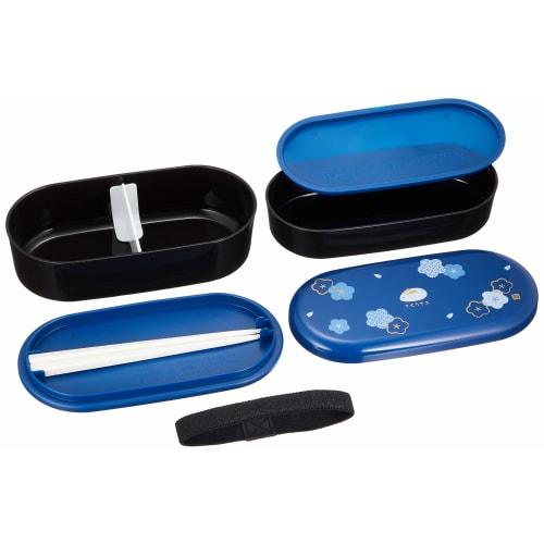 Skater KSX2 Two-Tier Bento Box, 630ml, with Drawstring and Chopsticks, Made In Japan, Fukuusagi (Fuku Usagi) Design, Navy Blue