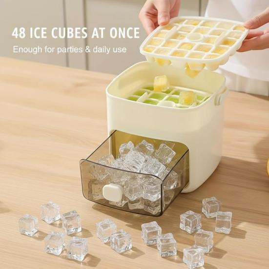 48 Cube Ice Maker with Easy Push Release Lid Ice Bin Built-in Storage Box Ice Cube Tray for Whiskey Cocktails Coffee Beverages