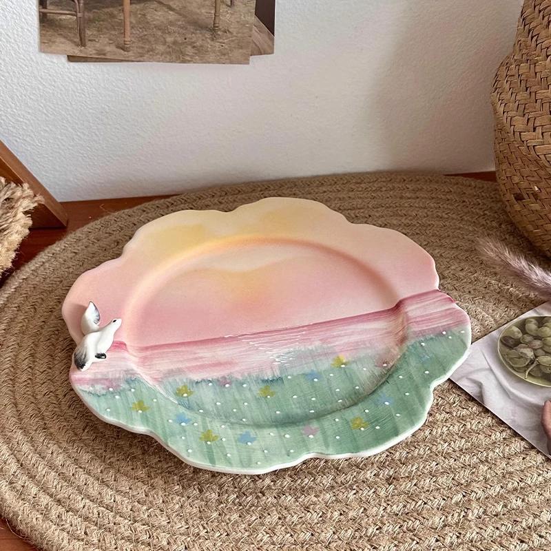 Keramikscheibe Spitzenmuster Einfaches Haushaltsgeschirr Hohes Erscheinungsbild Handmalerei Teller Küche Kreative Mehrzweckscheibe