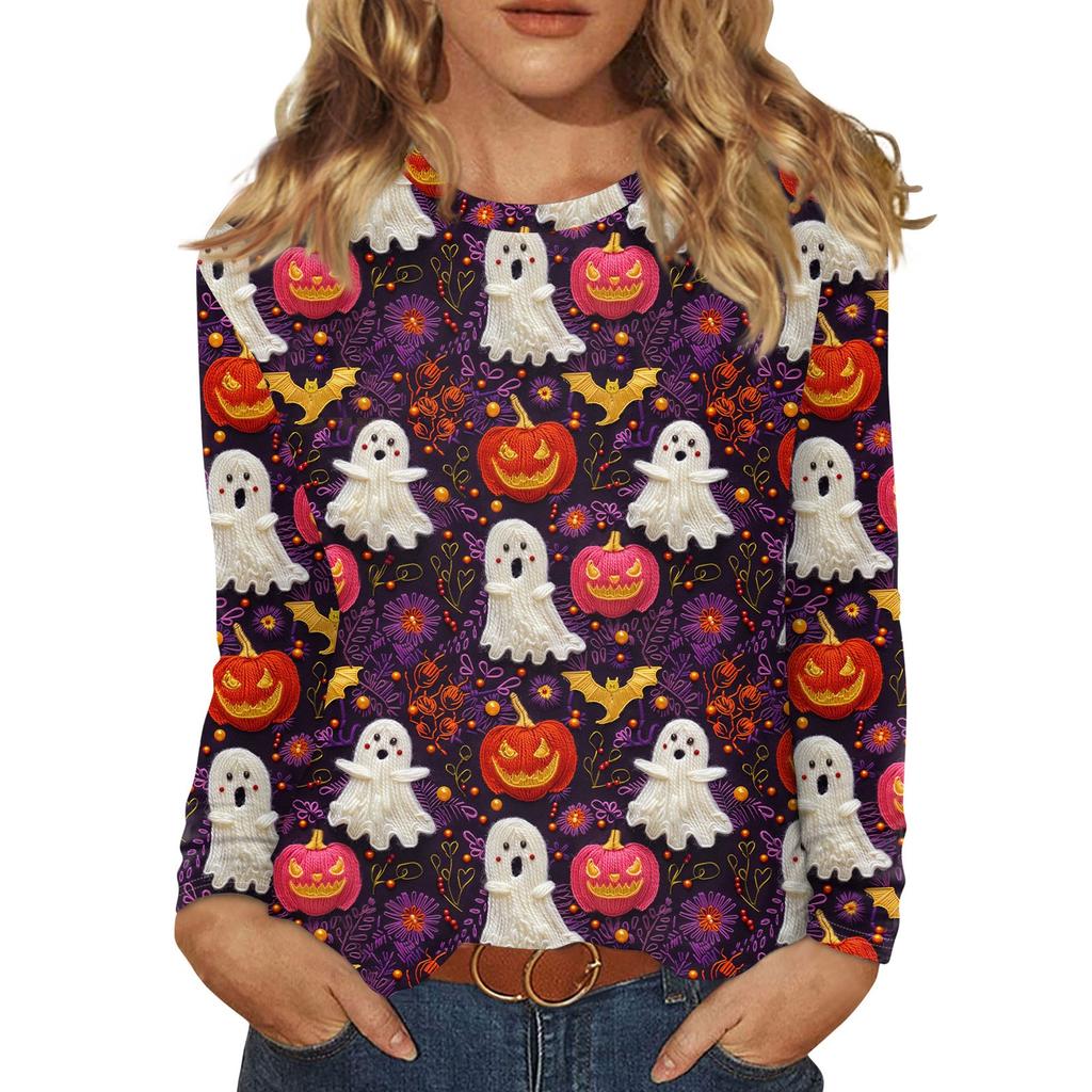 Langarmshirts Für Damen Niedliche Halloween-Print Grafik-T-Shirts Blusen Lässig Große Größen Basis-Oberteile Pullover