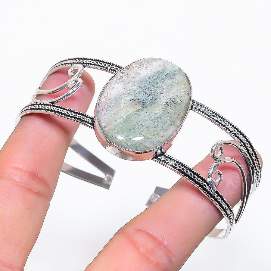 Natural Aquamarine Gemstone 925 Sterling Silver Cuff Bangle Adjustable g1r12