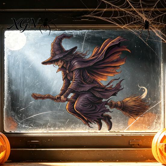 Halloween Party Supplies Witch on Broomstick Static Cling, Themed Glass Window Sticker, Decals Removable Wall Cling for Storefront Windows Doors