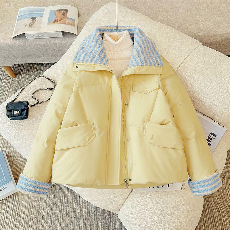 Women's Short Down Cotton Coat: Lamb Wool Loose Winter Jacket, Korean Style Thick Spandex Bread Coat