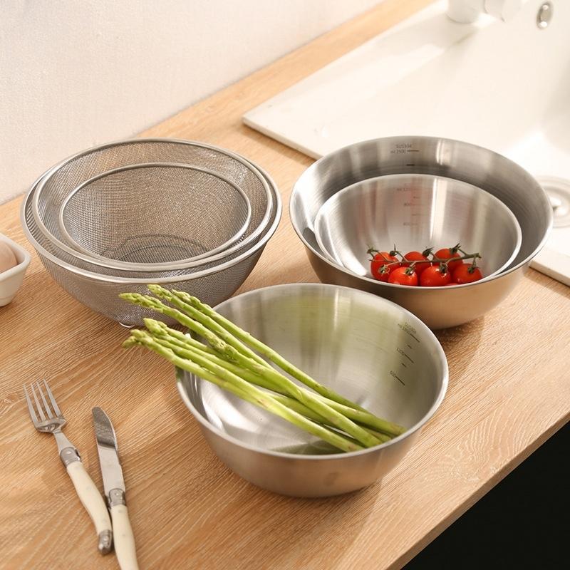 1Set Stainless Steel Drain Basin Basket with Scale Kitchen Basin Rice Washing Artifact Fruit Fruits Drainer Salad Basin