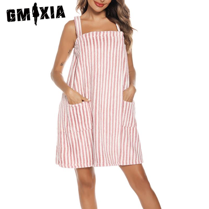 

GMXIA Женская майка-халтер из махровой ткани в полоску, юбка для ванной, банное полотенце, сексуальный халат S розовый