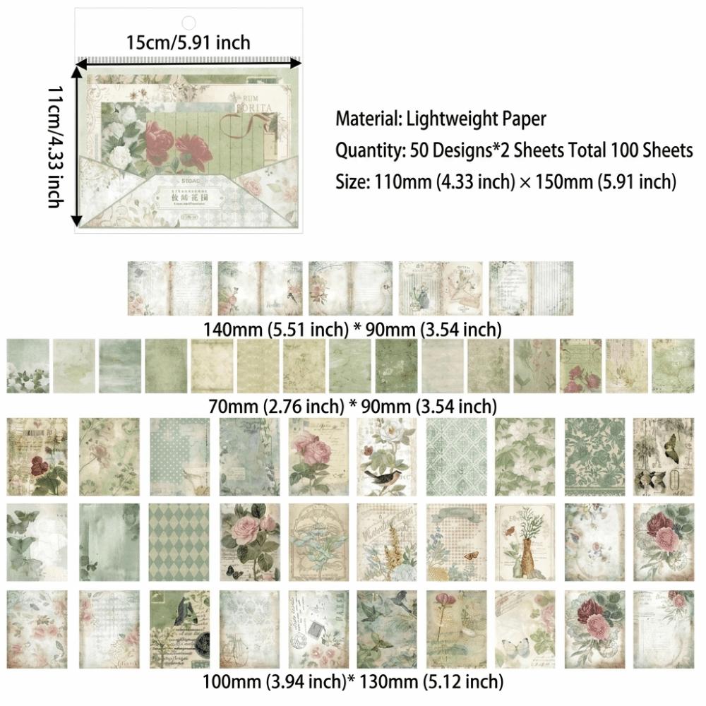 100Sheets Ephemera Scrapbook Paper Retro Scrapbooking Paper Set Vintage Paper Pack DIY Art Crafts