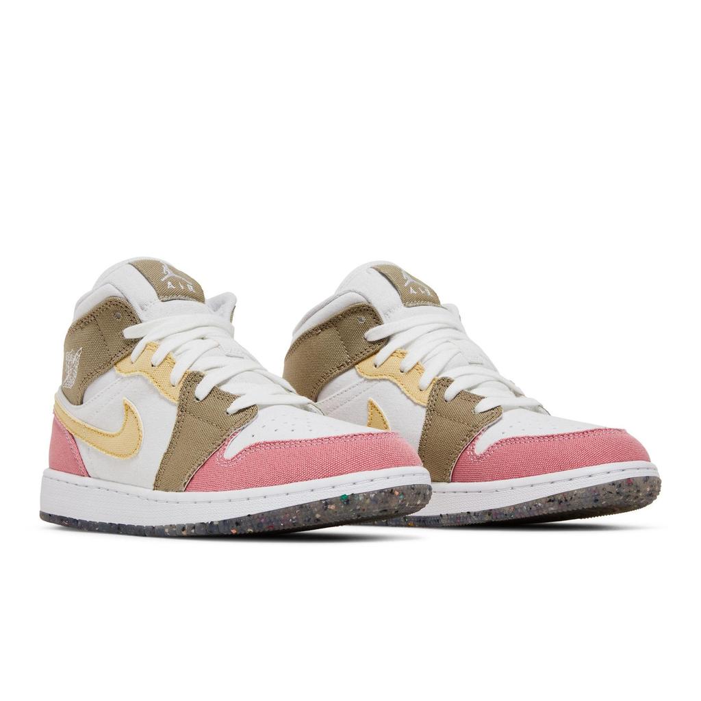 Air Jordan 1 Mid SE Grade School 'Pastel Grind' (Unisex) White / Vivid Green Kids' Basketball Shoes DJ0338 100