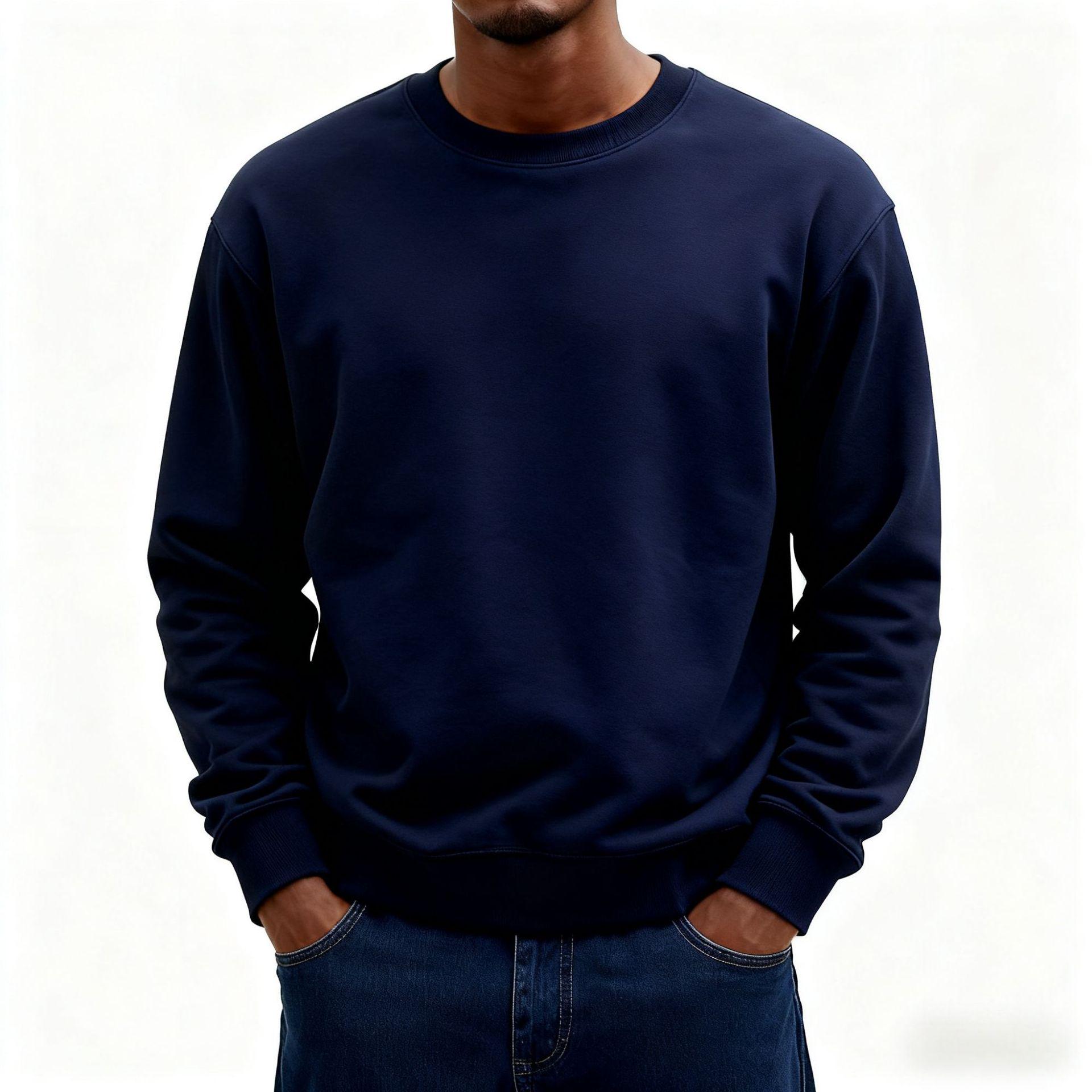 

European Classic 2025 Solid Color Men s Loose Hoodie - Simple Round Neck, Autumn/Winter Long Sleeve T-Shirt 4XL темно-синього кольору