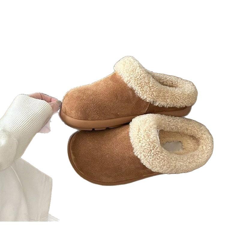 Women's Retro Lightweight and Comfortable Non-slip Heightening Winter Warm Plush Lining Non-slip Durable Casual Cotton One-step Half Slippers