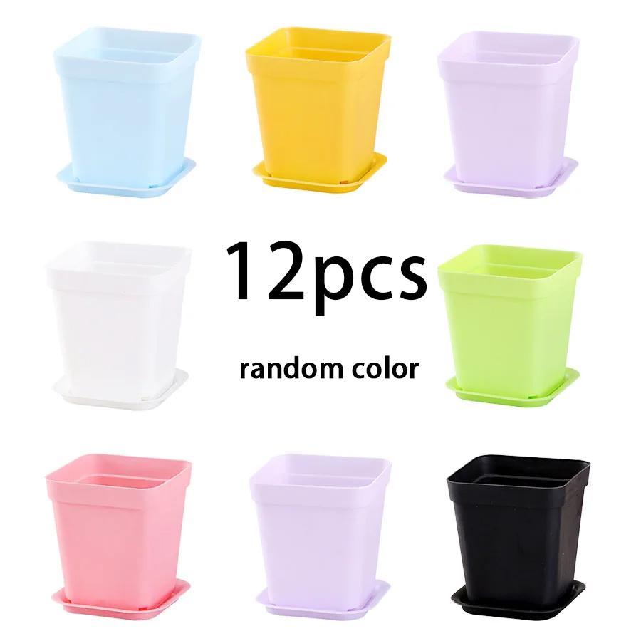 12/24pcs Colorful Square Flower Pot with Tray Flower Beds Garden Nurseries Plastic Flowerpot for Office Indoor Outdoor Decor XJM