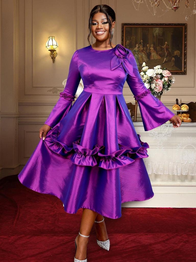 Elegant Plus Size Women's 3D Floral Ruffle Sleeve Dress