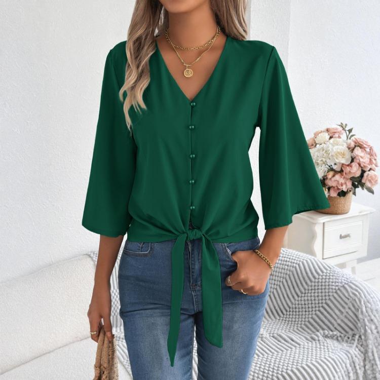 Damen Chiffon Bluse Lässig V-Ausschnitt Dreiviertelarm Knopfleiste Knoten Front Top
