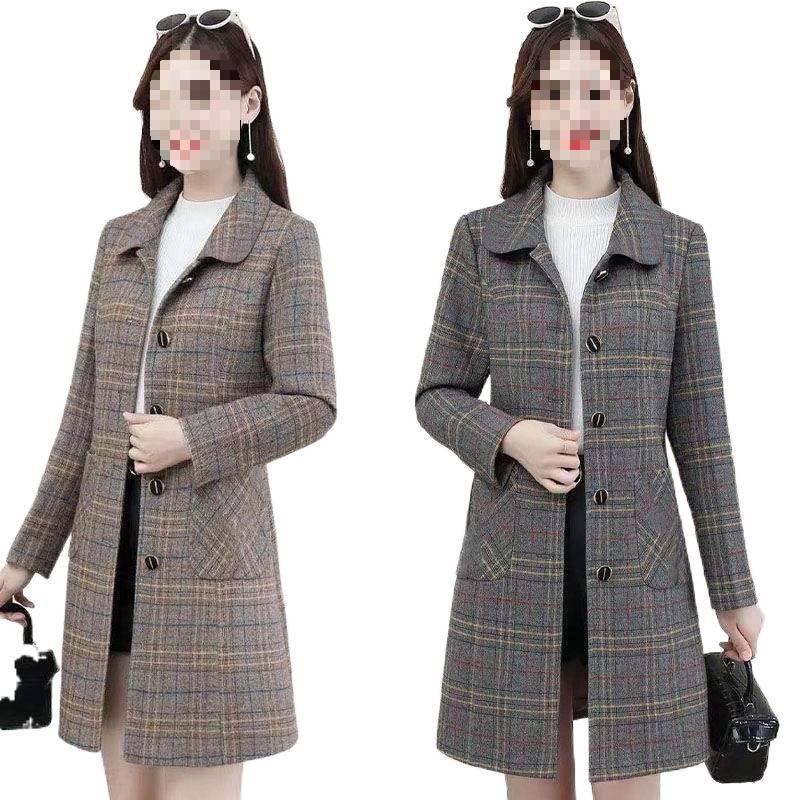 Plus Size Plaid Wool Coat for Middle-Aged Women - Trendy Autumn & Spring Style