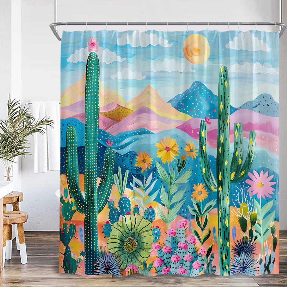Cactus Cartoon Shower Curtain Desert Green Plant Watercolor Boho Vintage Bathtub Curtain with Hook Home Decorations for Bathro