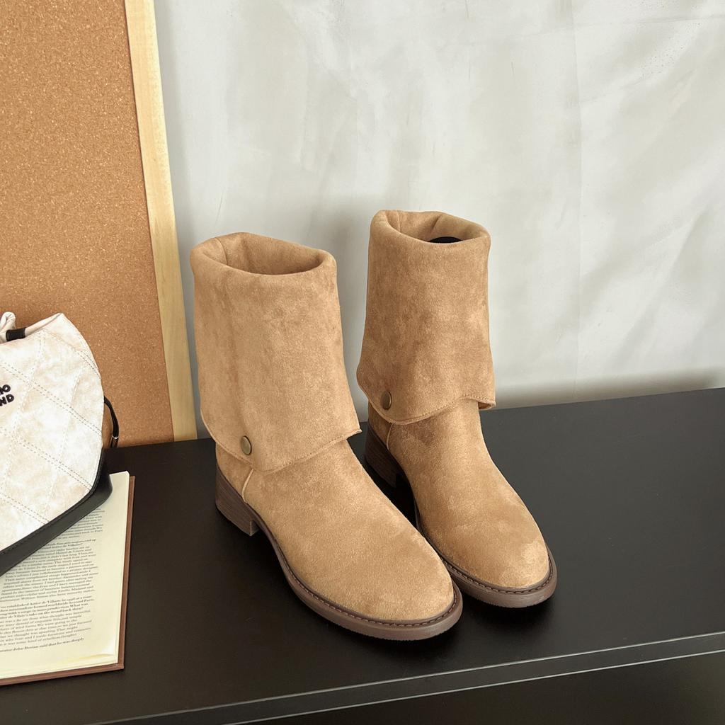 2025 new European and American long pointed square heel versatile but knee knight boots western cowboy stacking boots matte surface